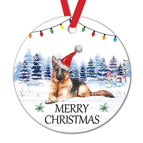 Adornos de Navidad para perro de acuarela de feliz Navidad para niños perro con sombrero de Santa en la nieve, decoraciones de Navidad, perro toro, ornamento de cerámica redondo recuerdo de Navidad