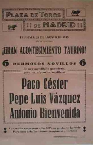 CARTEL PLAZA DE TOROS DE MADRID, 24 agosto 1939