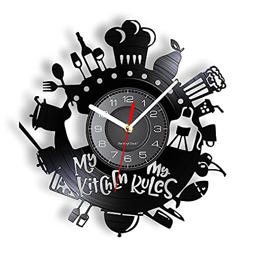 WAXI Reloj de Pared con Disco de Vinilo My Kitchen My Rule Reloj de Pared Retro de Cocina Hecho de Vinilo LP Record Reloj de Pared para Comedor Regalo para Cocinero Decoración Interior Reloj Regalos